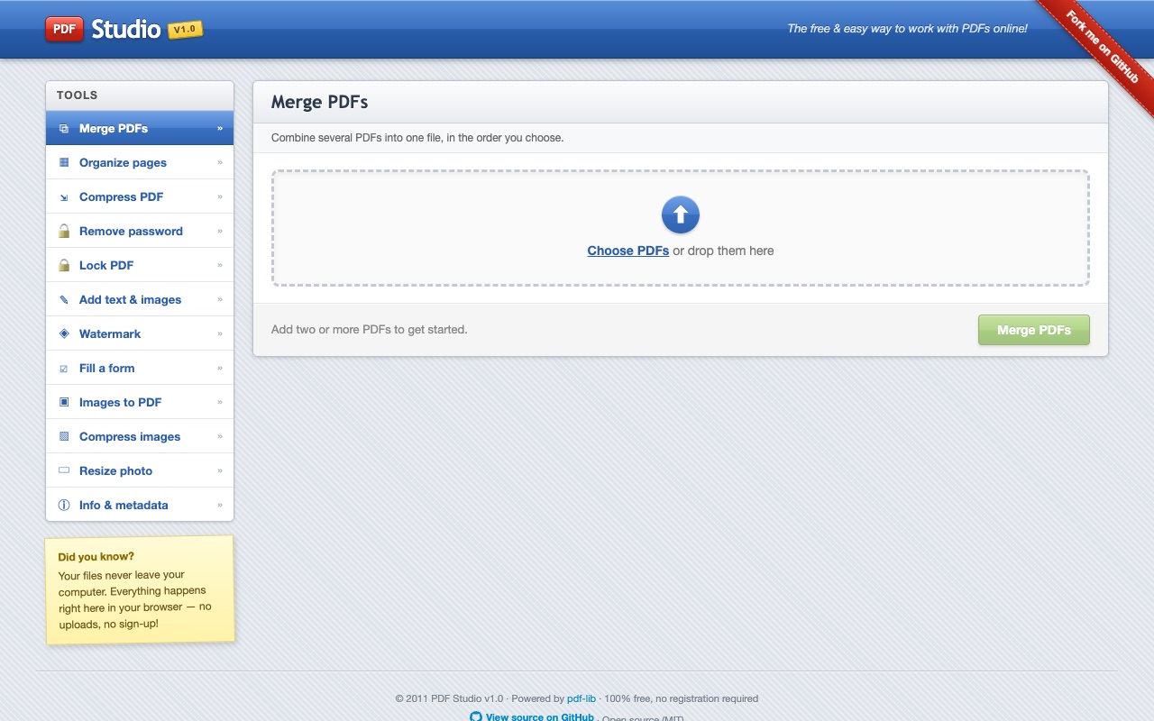 PDF Studio's merge tool, with the list of tools in a sidebar